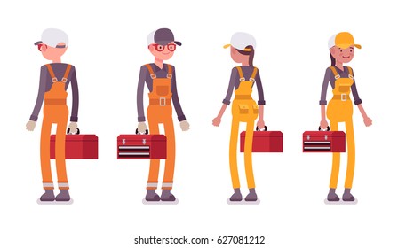 Set of standing male and female smiling professional worker wearing bright orange and yellow overall, holding red toolbox, front, rear view, isolated, white background