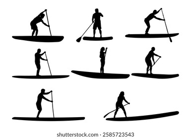 Set of standing on a paddle board silhouettes