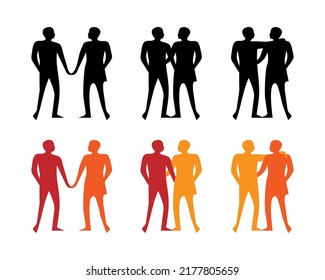 Set of standing people. Man and women. Abstract art decor. Love, romantic theme. Graphic monochrom style. Cartoon silhouette vector illustration. Art poster, modern trendy style.