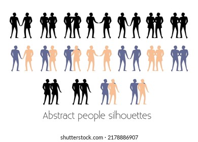 Set of standing people. Man and women. Abstract art decor. Love, romantic theme. Graphic monochrom style. Cartoon silhouette vector illustration. Art poster, modern trendy style.
