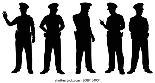 Set of standing policeman silhouette vector on white background