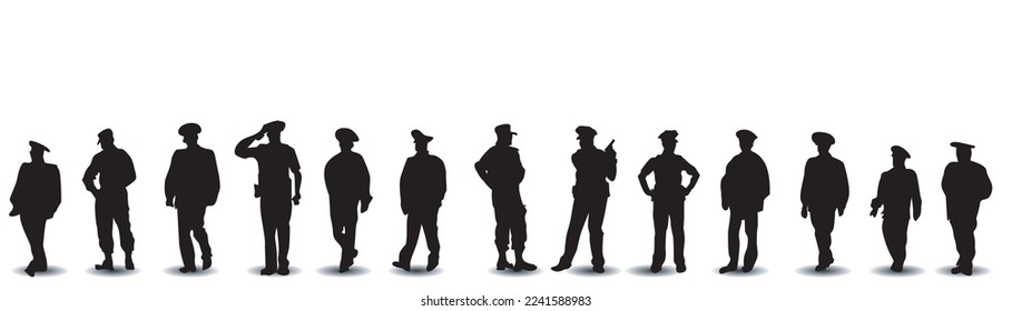 Conjunto de vector de silueta de policía permanente sobre fondo blanco