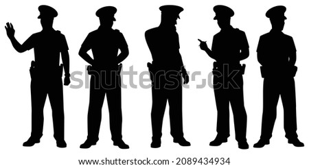 Set of standing policeman silhouette vector on white background
