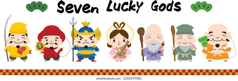 Set of standing poses of the seven auspicious gods of Japan svg