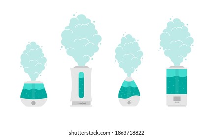 conjunto de pie en fila humidificador de aire hogar moderno ultrasónico, vector plano