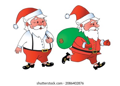 Set of standing and running with bag of gifts Santa Claus. Vector color bright hand drawn illustration. New year and Christmas characters in flat style