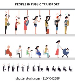 set of standing and sitting people behavior when using  public transport cartoon character design with icon set
