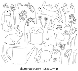 Set with standing, sitting and running rabbits, flowers, egg in line art style. Elements for a happy Easter and farms design. Cute bunny.Animal floral set.