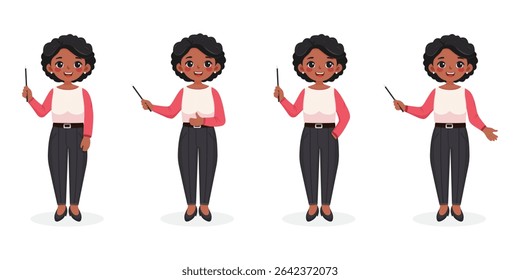Set of standing smiling and friendly African American business woman teacher with wooden pointer pencil on white background. Poster, Banner, Flyer. Vector illustration in flat cartoon style