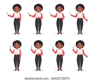 Conjunto de profesor de mujer de negocios afroamericana sonriente y amigable de pie con lápiz de puntero de madera sobre fondo blanco. Cartel, Anuncio, volante. Ilustración vectorial en estilo plano de dibujos animados