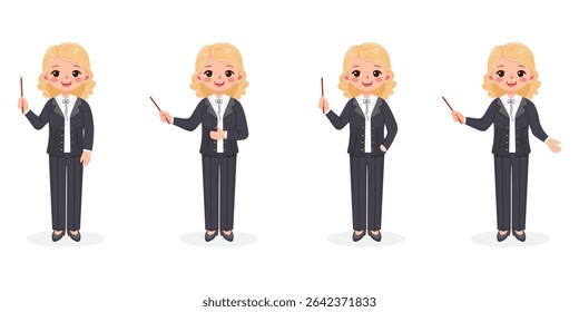 Conjunto de pé sorridente e amigável professora de mulher de negócios com lápis apontador de madeira em um terno de negócios cinza formal sobre fundo branco. Ilustração vetorial em estilo de desenho animado plano