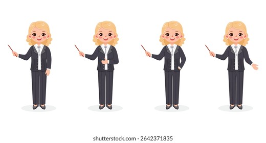 Set von stehenden lächelnden und freundlichen Geschäftsfrau Lehrerin mit hölzernem Zeiger Bleistift in einem formellen grauen Business-Anzug auf weißem Hintergrund. Vektorgrafik im flachen Cartoonstil