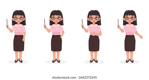 Set of standing smiling and friendly business woman teacher in glasses with wooden pointer pencil on white background. Poster, Banner, Flyer. Vector illustration in flat cartoon style