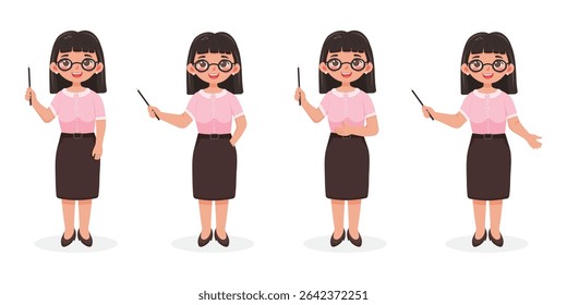 Set of standing smiling and friendly business woman teacher in glasses with wooden pointer pencil on white background. Poster, Banner, Flyer. Vector illustration in flat cartoon style