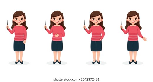 Set of standing smiling and friendly business woman teacher with wooden pointer pencil on white background. Poster, Banner, Flyer. Vector illustration in flat cartoon style