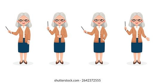 Set of standing smiling and friendly old business woman teacher with wooden pointer pencil and with gray hair and glasses on white background. Vector illustration in flat cartoon style