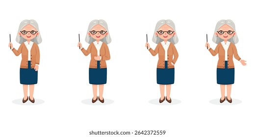 Set of standing smiling and friendly old business woman teacher with wooden pointer pencil and with gray hair and glasses on white background. Vector illustration in flat cartoon style