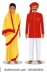 Set Of Standing Together Indian Man And Woman In The Traditional Clothing Isolated On White Background In Flat Style. Differences People In The East Dress. Vector Illustration.