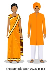 Set of standing together indian man and woman in the traditional clothing isolated on white background in flat style. Differences people in the east dress. Vector illustration.