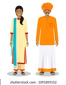 Set Of Standing Together Indian Man And Woman In The Traditional Clothing Isolated On White Background In Flat Style. Differences People In The East Dress. Vector Illustration.