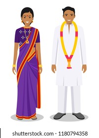 Set of standing together indian man and woman in the traditional clothing isolated on white background in flat style. Differences people in the east dress. Vector illustration.