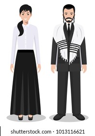 Set of standing together jewish man and woman in the traditional clothing isolated on white background in flat style. Differences Israelis in the national dress. Vector illustration.