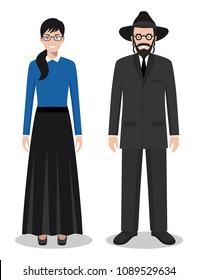 Set of standing together jewish man and woman in the traditional clothing isolated on white background in flat style. Differences Israelis in the national dress. Vector illustration.