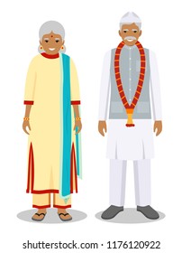 Set of standing together old indian man and woman in the traditional clothing isolated on white background in flat style. Different senior people in the east dress. Vector illustration.