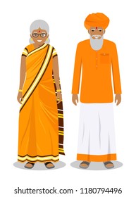 Set of standing together old indian man and woman in the traditional clothing isolated on white background in flat style. Different senior people in the east dress. Vector illustration.