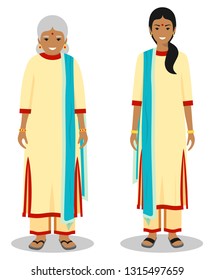 Set of standing together old and young indian woman in the traditional clothing isolated on white background in flat style. Different people in the east dress. Vector illustration.