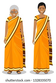 Set of standing together old and young indian woman in the traditional clothing isolated on white background in flat style. Different people in the east dress. Vector illustration.