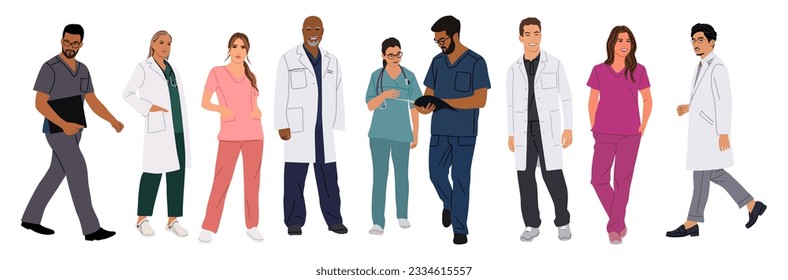 Set von stehenden und wandelnden Ärzten, Krankenschwestern, Sanitäter. Unterschiedliche männliche, weibliche Ärzte in Uniform Schuppen, Labormantel, Ziegen. Cartoon, Vektorgrafik, realistisch, einzeln auf weißem Hintergrund