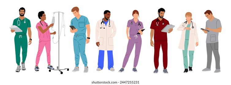 Set of standing and walking doctors, nurses. 