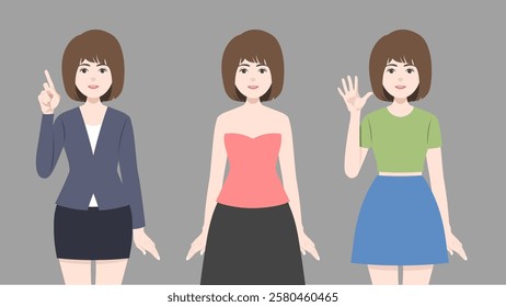 set of standing  woman with different clothes and short brown hair and three acting. vector, illustration design.