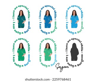 Set of Standing women Surgeon Illustration retro groovy typographic arts on white background