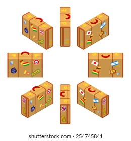 Set of standing yellow traveler`s suitcases