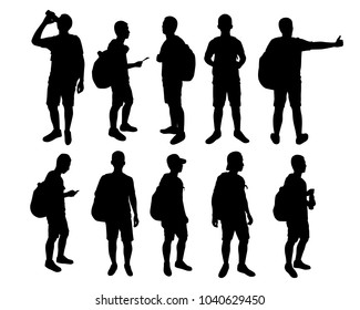 Set of standing young man with backpack silhouette vector