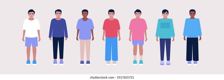 Set of standing young men. Vector illustration in a flat style