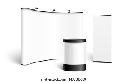 A set of stands, displays, pop up and roll up, template and mockup for banner. Blank realistic mockup of stands, displays and pop up for business presentation and exhibition. Vector illustration.