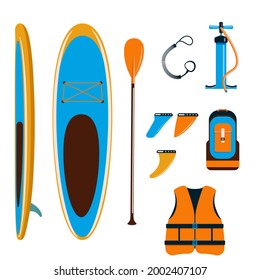 Conjunto De Accesorios De Placa De Acompañamiento. Conjunto básico para SUP. Placa inflable, paleta, chaleco salvavidas, aleta, etc. Ilustración vectorial de tipo plano