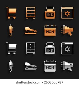 Set Stapler, Browser setting, Megaphone, Calendar, Fountain pen nib, Inkwell, Shopping cart and Archive papers drawer icon. Vector