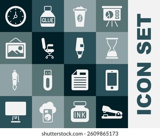 Set Stapler, Mobile phone, Old hourglass, Coffee cup to go, Office chair, Picture landscape, Clock and Marker pen icon. Vector