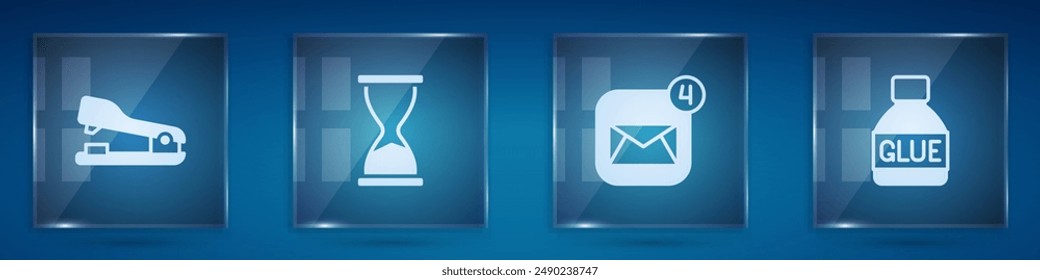 Set Grapadora, Reloj de arena antiguo, Sobre y Pegamento. Paneles de vidrio cuadrado. Vector