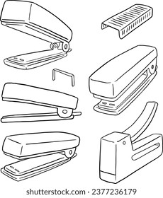 set of stapler, staples. illustration, line vector set