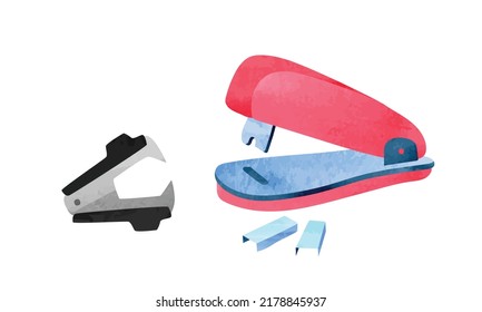 Set of stapler, staples and staple remover clipart. Simple stapler staple remover tool and staples watercolor style vector illustration isolated on white. Stapler office stationery cartoon hand drawn