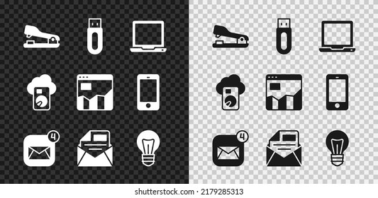 Set Stapler, USB flash drive, Laptop, Envelope, Mail and e-mail, Light bulb, Cloud database and Graph chart infographic icon. Vector