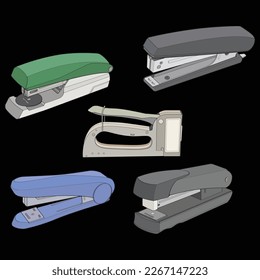 Set of stapler in vector art style, isolated on black background. stapler in vector art style for coloring book.
