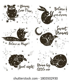 Conjunto de animales estrella y aislamiento de letras sobre fondo blanco. Gráficos vectoriales.