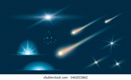 Set of star burst or explosion and meteor isolated on a transparent background. Vector illustration of glowing light effect.