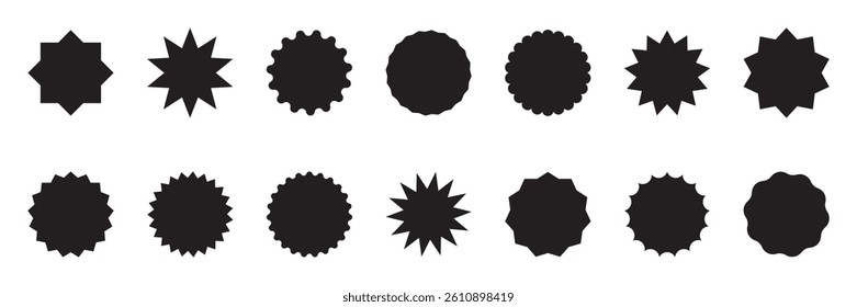 Set of star burst shape tags for price. Circle sticker set. Wavy edge promo black badges.  Blank sale stickers. Simple silhouette. Flat vintage labels isolated on transparent background.